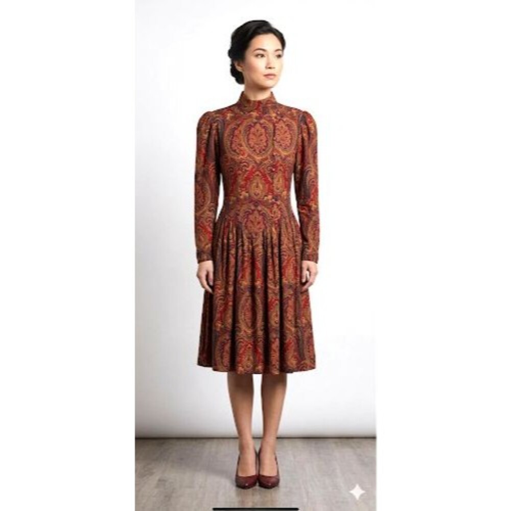 Vintage Bonwit Teller Red Paisley Pleated Knee Length Dress XS